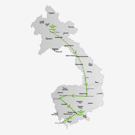 De route van je Cambodja en Laos rondreis<br>
