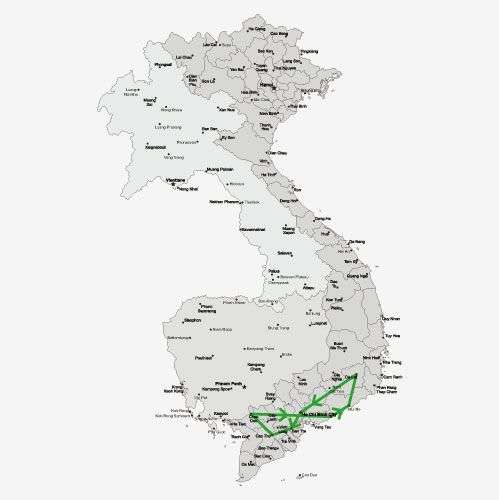 De route van de Zuid-Vietnam op de fiets<br>