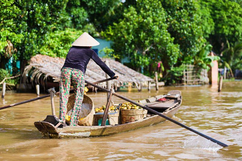 De boot is een veel gebruikt vervoersmiddel in de Mekong Delta <br>