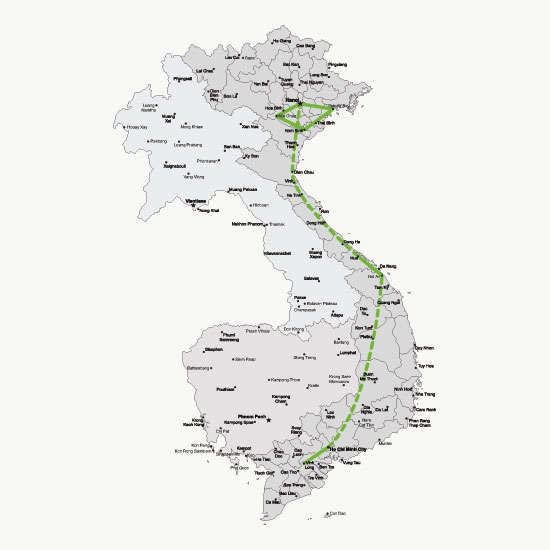 De route van de highlights van noord en zuid Vietnam in stijl rondreis<br>
